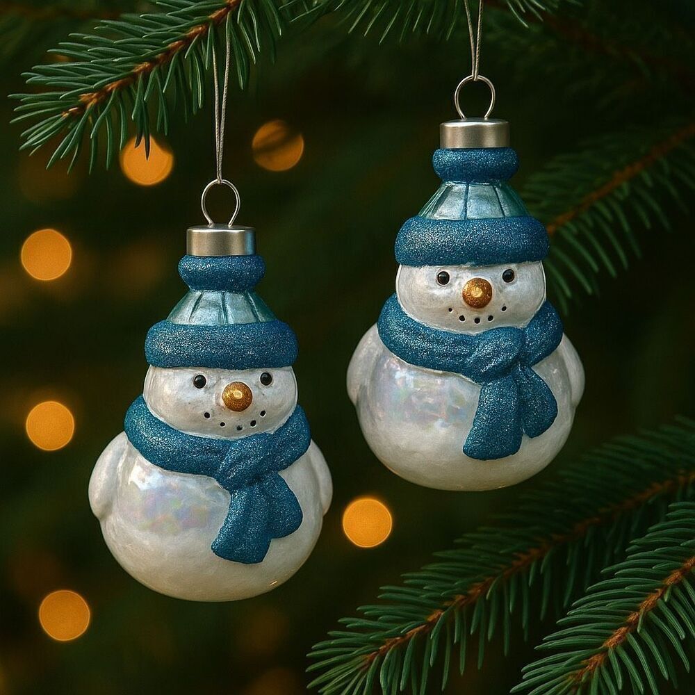 Lot of 2 glass chickadee ornaments with scarves and hats. Faux snow in bottoms.